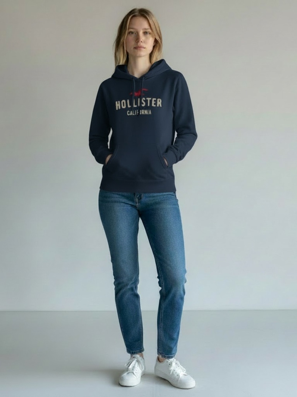 Hollister Classic Y2K Hoodie Iconic Appliqué Logo Drawstring Hood Navy Blue L